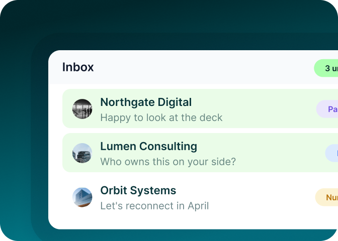 Shared inbox with partner replies tagged Partner, Intro and Nurture