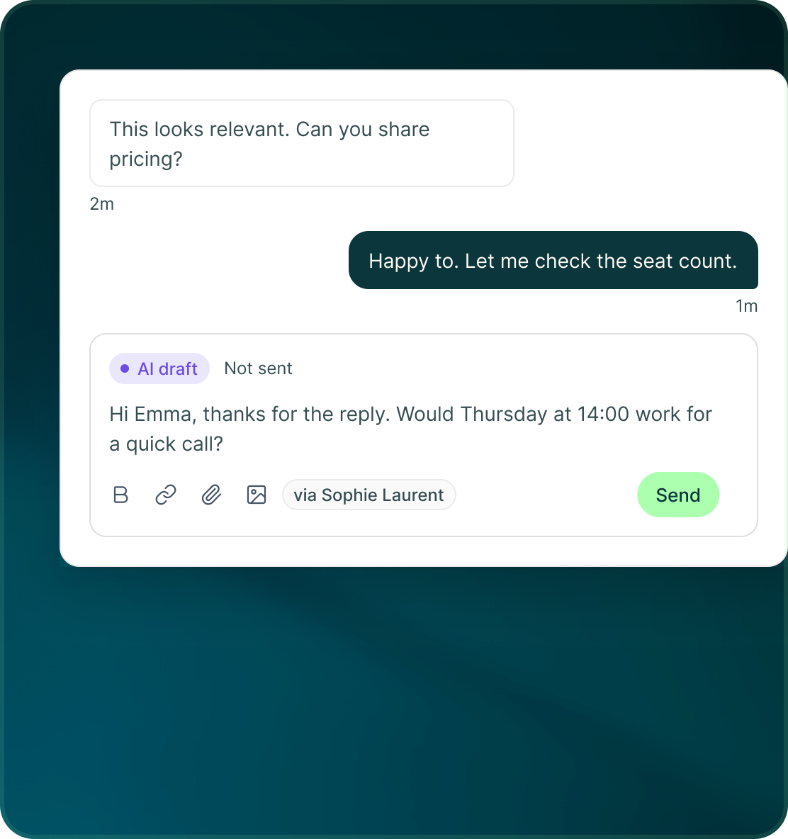 A conversation with an AI draft marked Not sent beneath the prospect’s message, with formatting tools, via Sophie Laurent and a Send button