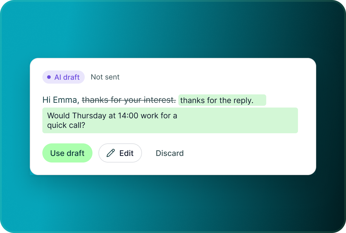 An AI draft marked Not sent with edits highlighted and Use draft, Edit and Discard buttons