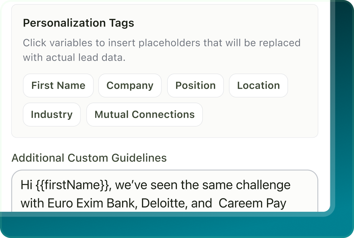 Delay configuration and personalisation tag panel showing variables such as First Name, Company and Position ready to insert