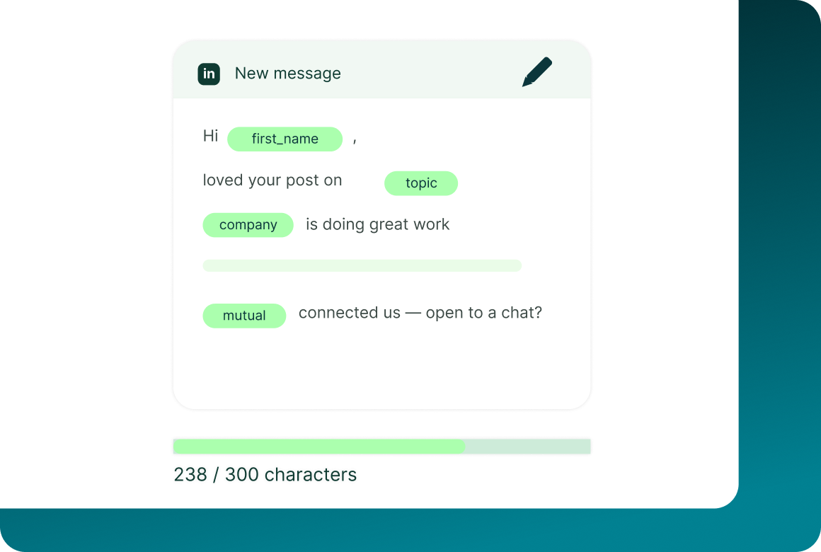 A drafted message with tone, length and language settings and personalisation fields resolved