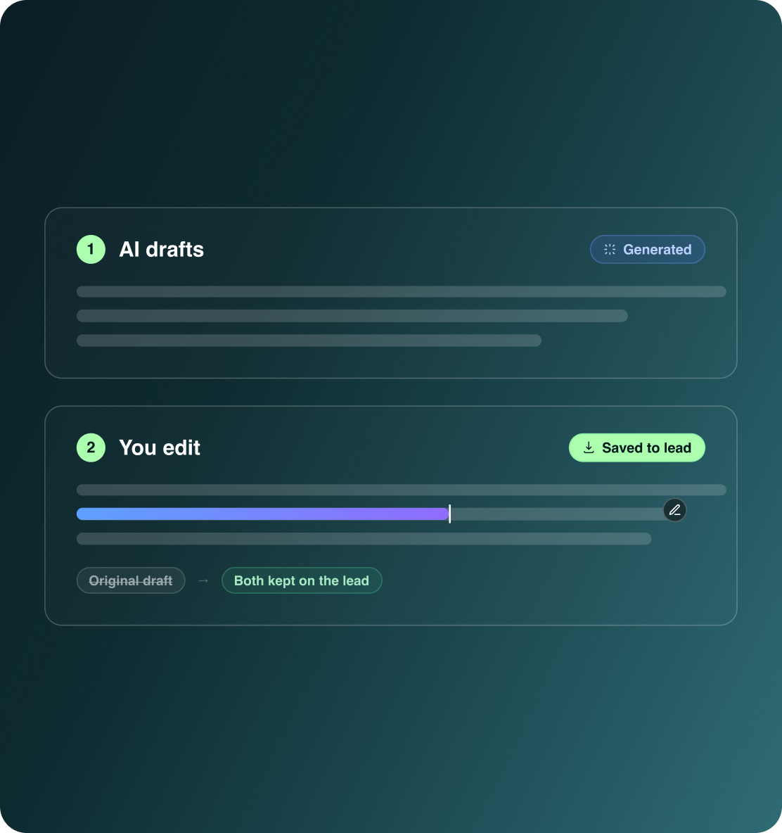 Two steps shown: the AI generated draft, then your edited version, with both kept on the lead record