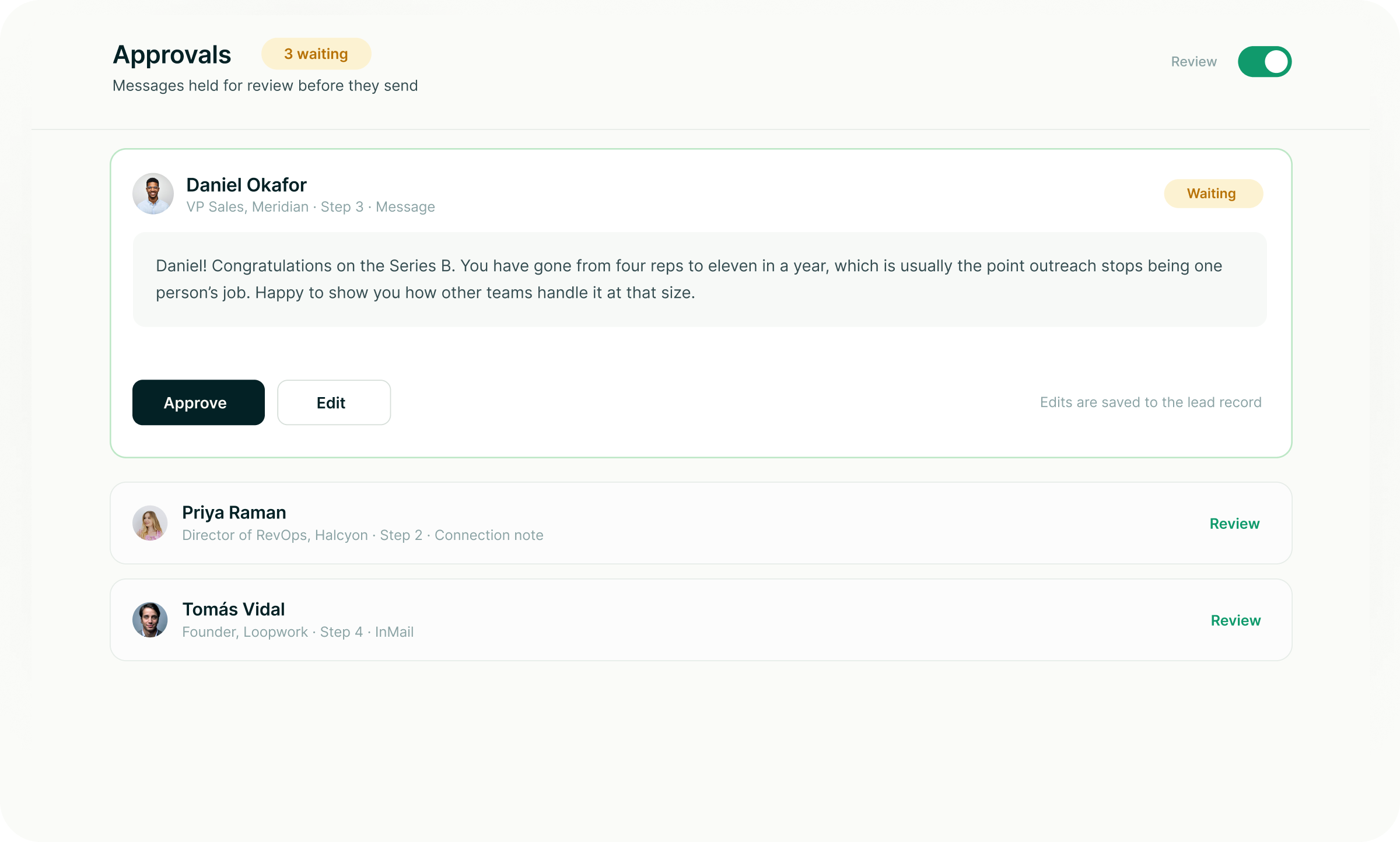 Approvals queue with three messages waiting for review, showing a drafted message to Daniel Okafor with Approve and Edit buttons