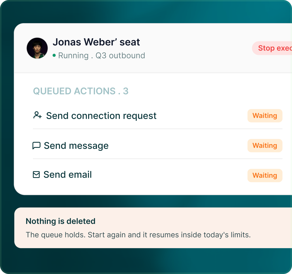 Jonas Weber’s seat running Q3 outbound with a Stop execution button and three waiting queued actions, and a note that nothing is deleted
