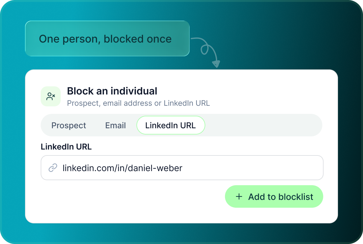 Block an individual by prospect, email or LinkedIn URL with an Add to blocklist button