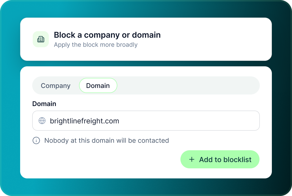 Block a company or domain, with a Domain field and an Add to blocklist button