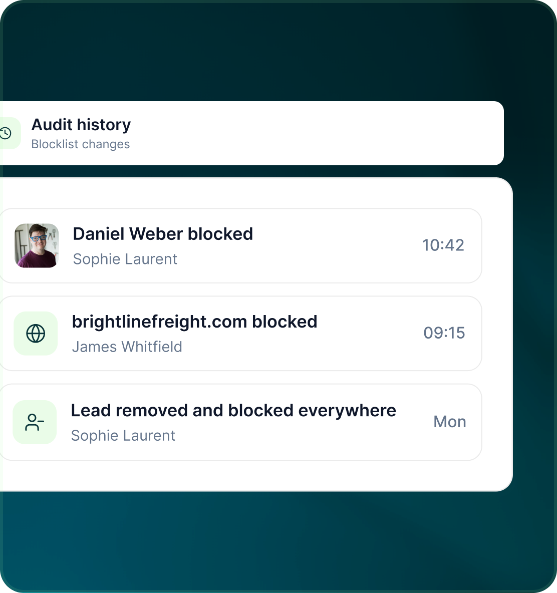 Audit history of blocklist changes: Daniel Weber blocked, brightlinefreight.com blocked and a lead removed and blocked everywhere