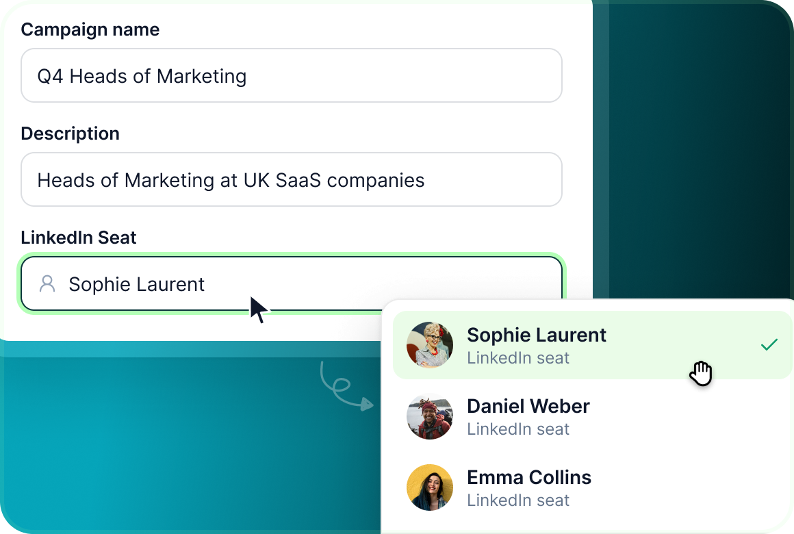 Campaign name, description and sender fields with a LinkedIn seat selected