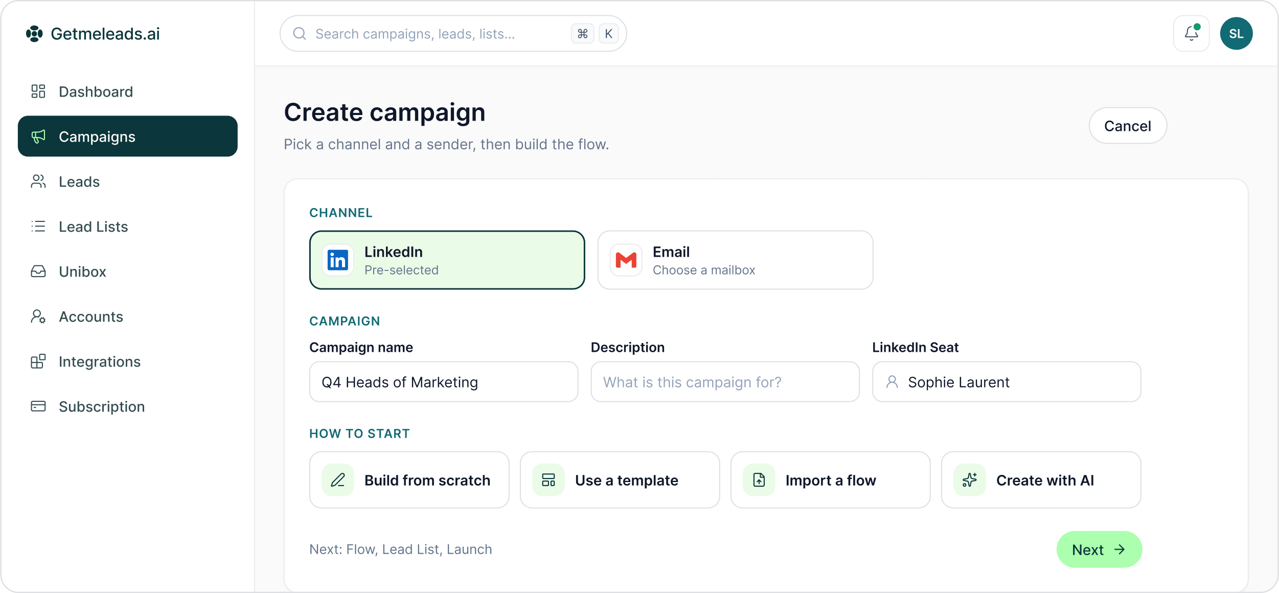 Create campaign dialog with LinkedIn pre-selected as the channel, campaign name and sender fields, and four ways to start the flow