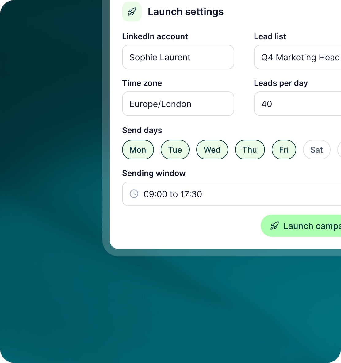 Launch settings for a LinkedIn campaign showing the account, lead list, time zone, leads per day, send days and sending window