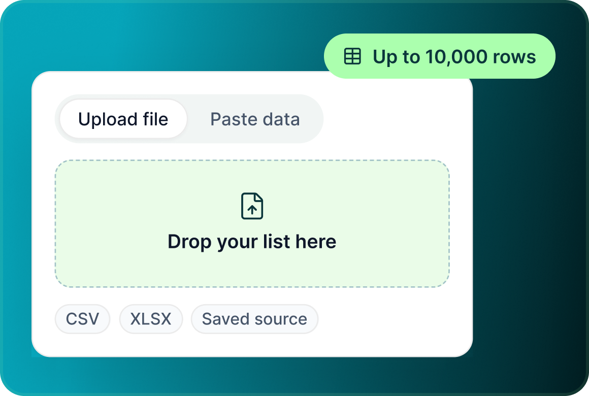 Upload file or paste data panel accepting CSV and XLSX files up to 10,000 rows