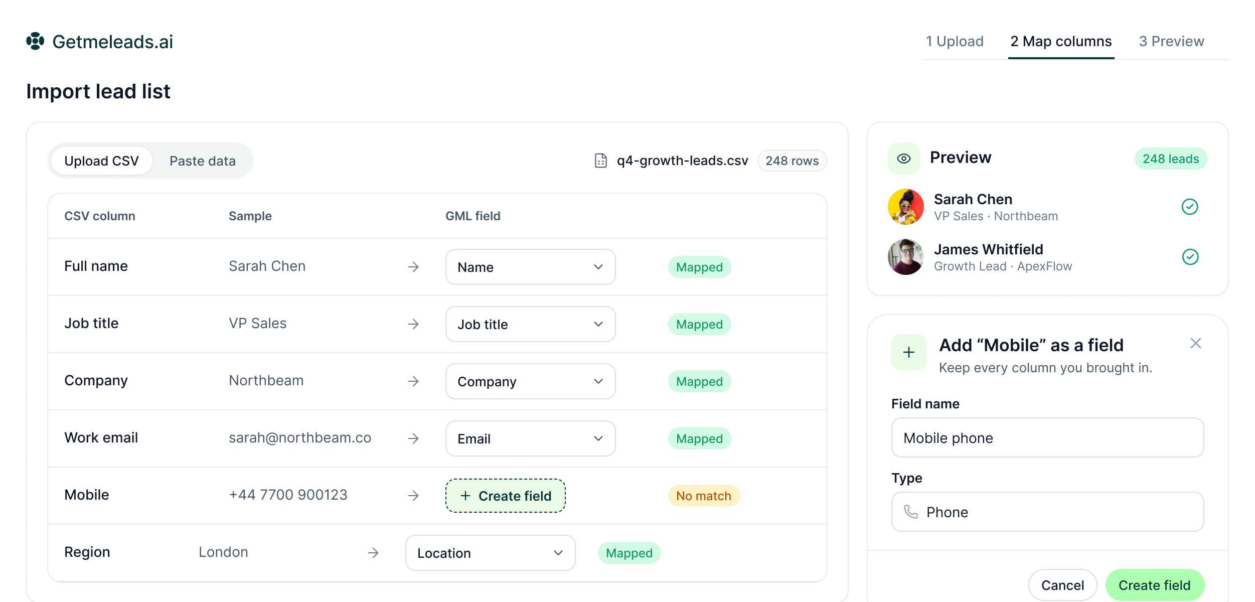 Import lead list panel mapping CSV columns to GML fields, with a preview of matched leads and an option to create a new field