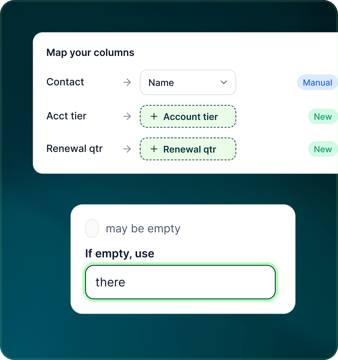 Mapping a Contact column to Name, and an Acct tier column to a custom Account tier field with a fallback value