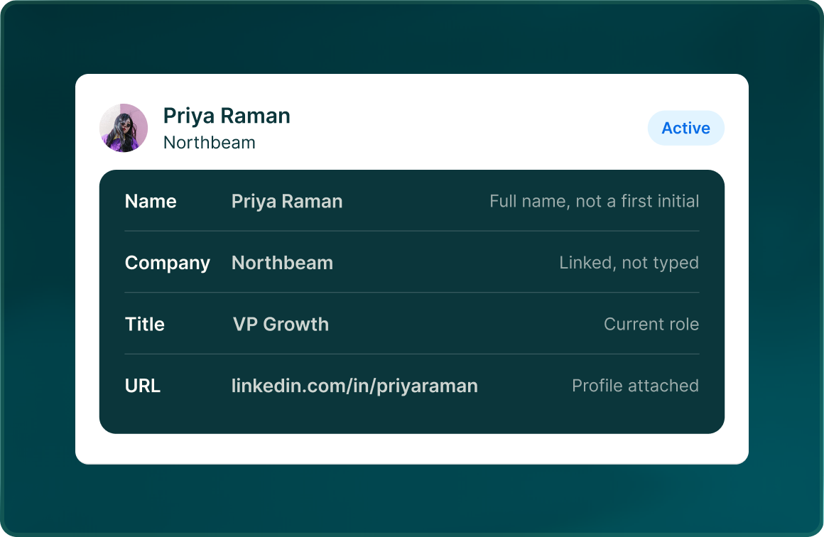 A contact record for Priya Raman at Northbeam with name, company, title and LinkedIn URL fields