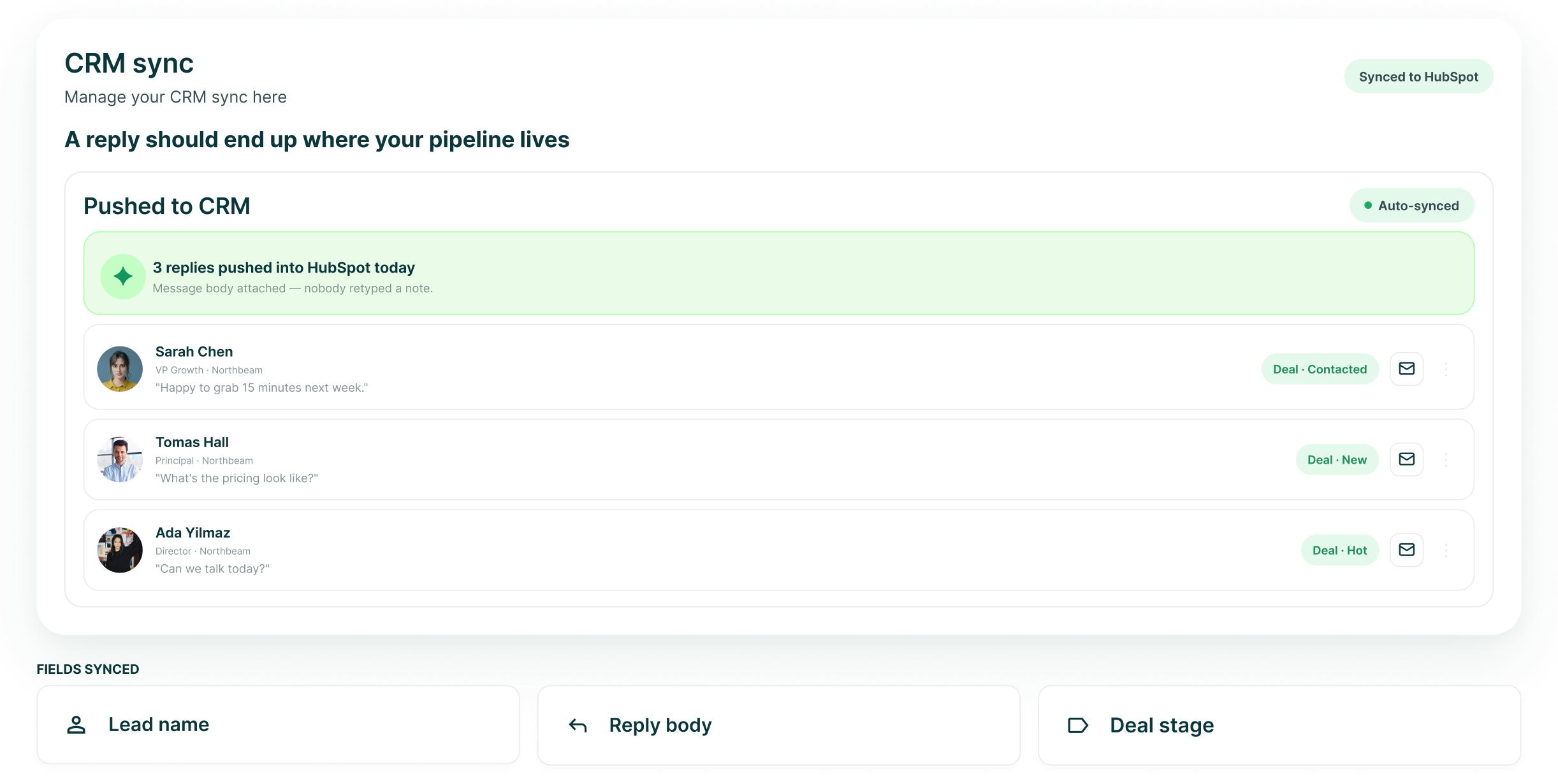 CRM sync panel showing replies pushed to HubSpot with each lead, reply body and deal stage, and the fields synced
