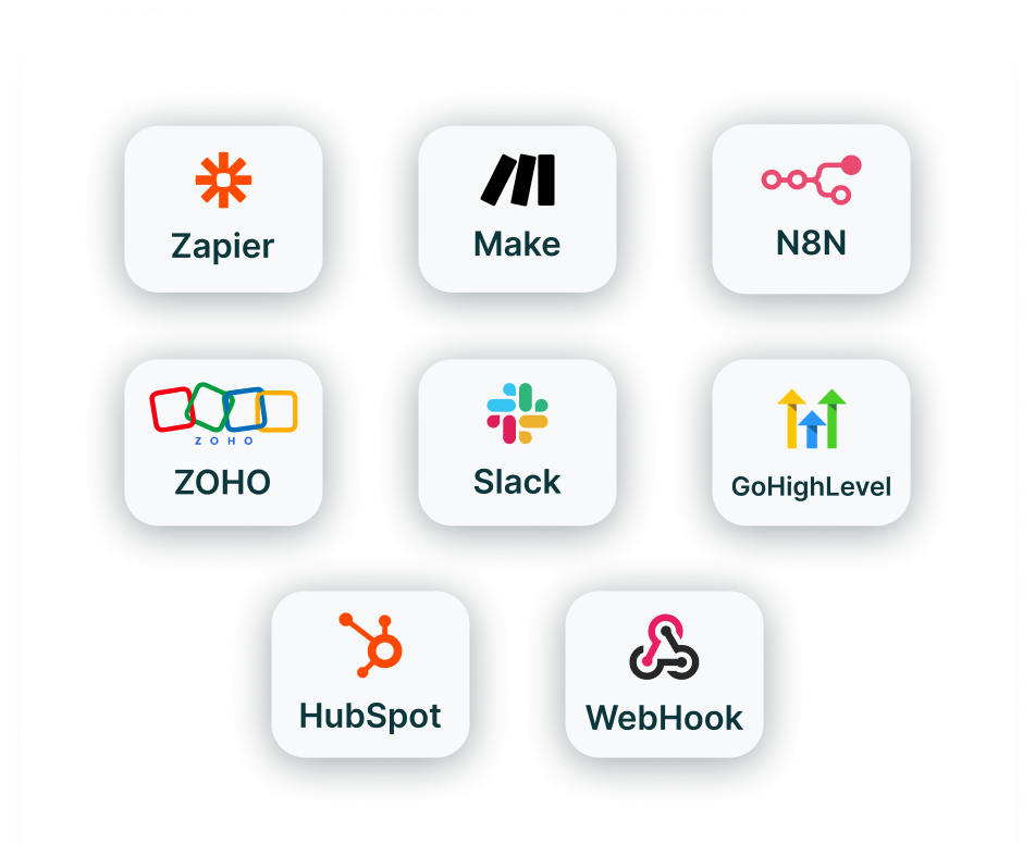Integration tiles for Zapier, Make, N8N, Zoho, Slack, GoHighLevel, HubSpot and Webhook