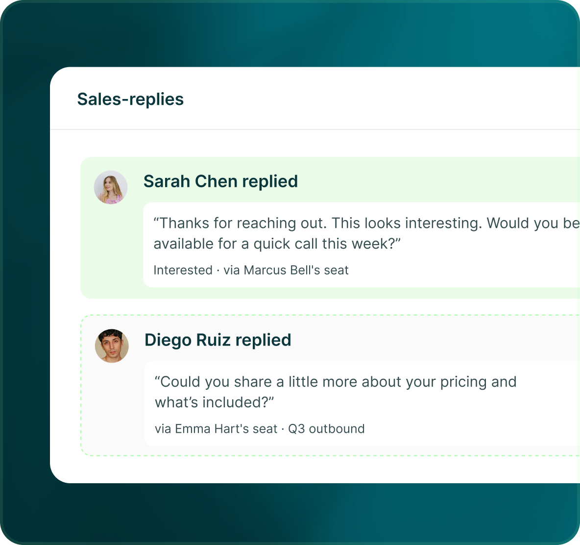 Sales-replies channel with notifications that Sarah Chen and Diego Ruiz replied, each with the message and the seat it came through