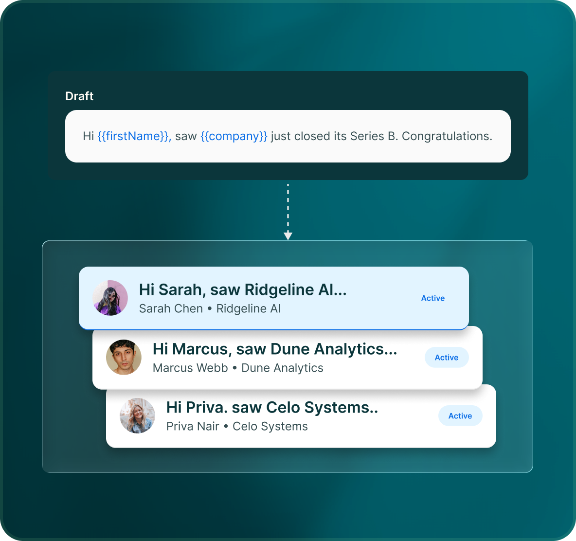 A draft with merge variables shown resolved per lead, each preview displaying the finished sentence