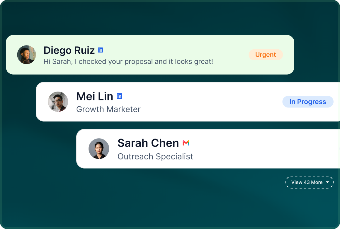 A Unibox list of conversations with Diego Ruiz, Mei Lin and Sarah Chen, each tagged with its channel and status