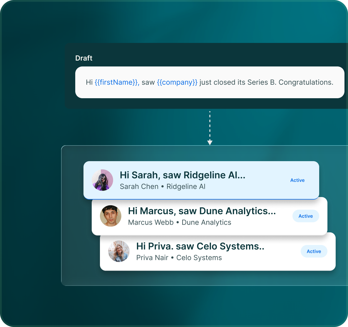 A draft message with firstName and company variables resolved into messages for Priya Nair, Marcus Webb and Sarah Chen