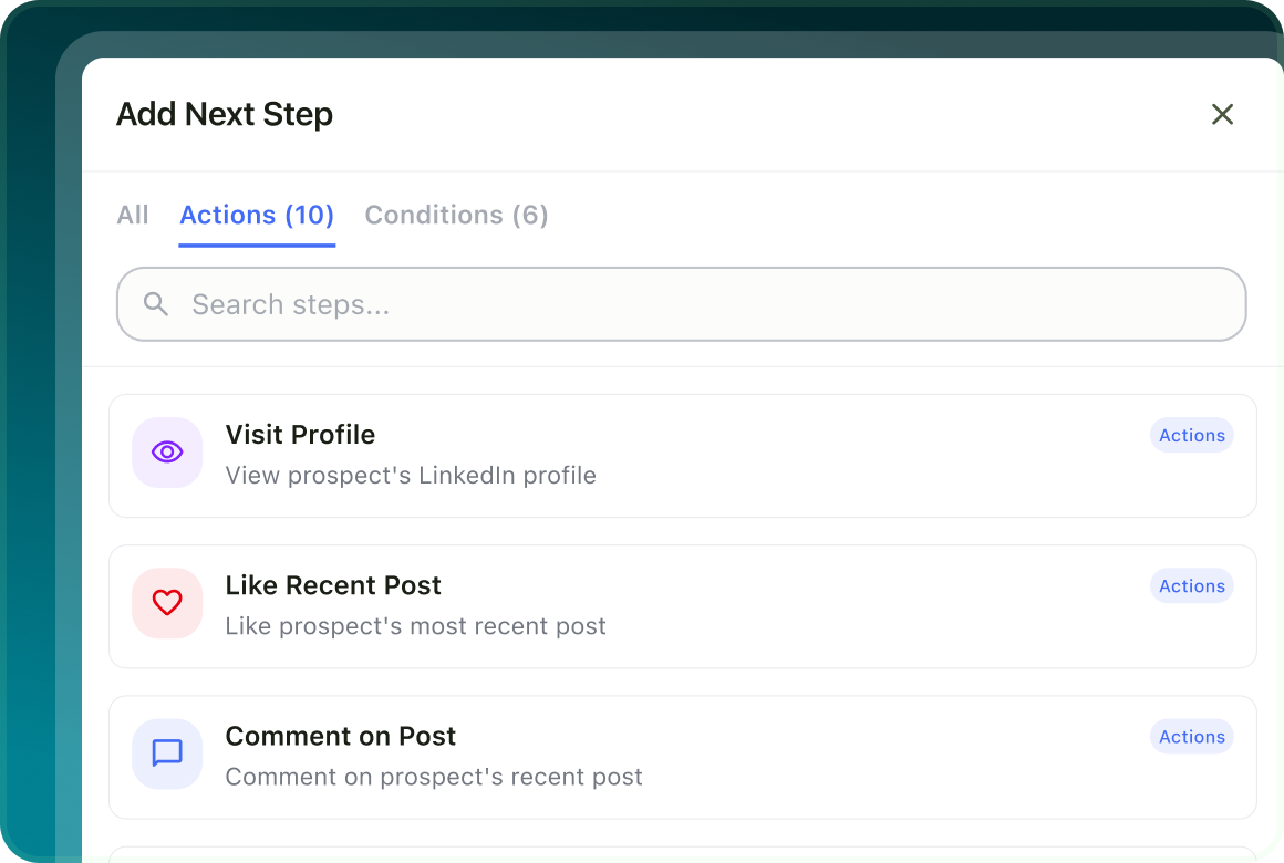 Add Next Step panel listing the available actions, including Visit Profile, Like Recent Post, Comment on Post and more