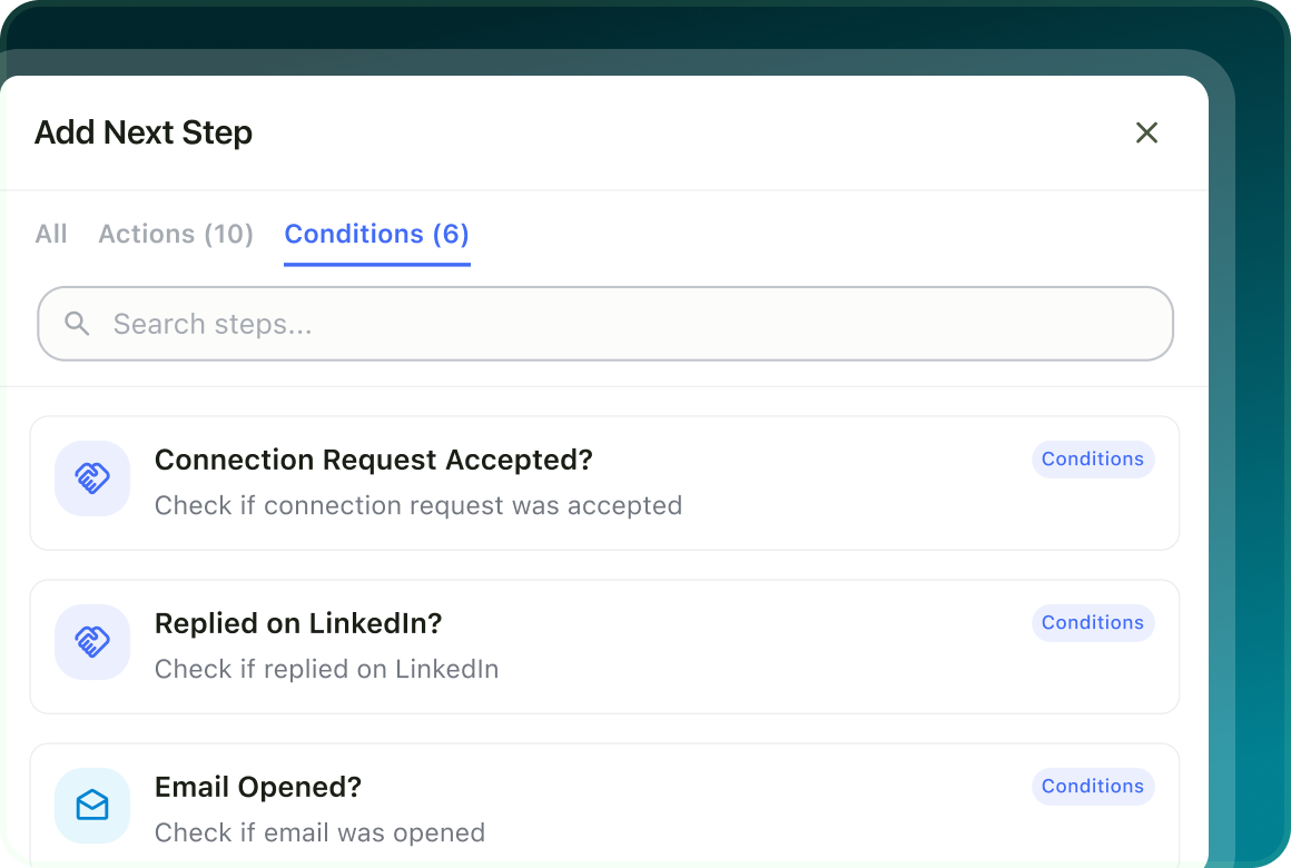 Add Next Step panel listing the available conditions, including Connection Request Accepted, Replied on LinkedIn and Email Opened