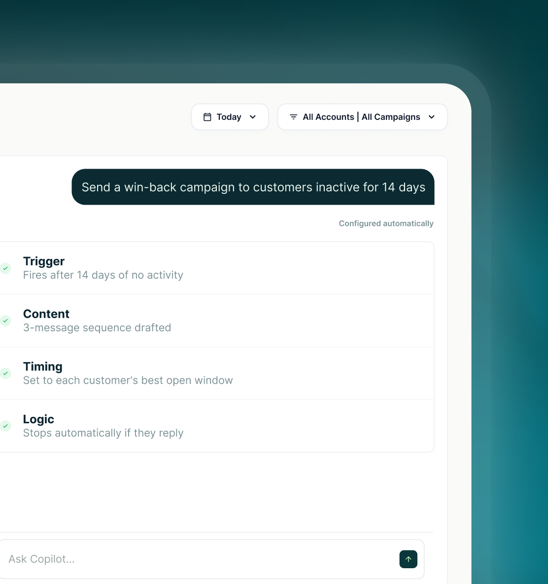 Copilot prompt asking to send a win-back campaign to customers inactive for 14 days, configured automatically with trigger, content, timing and logic