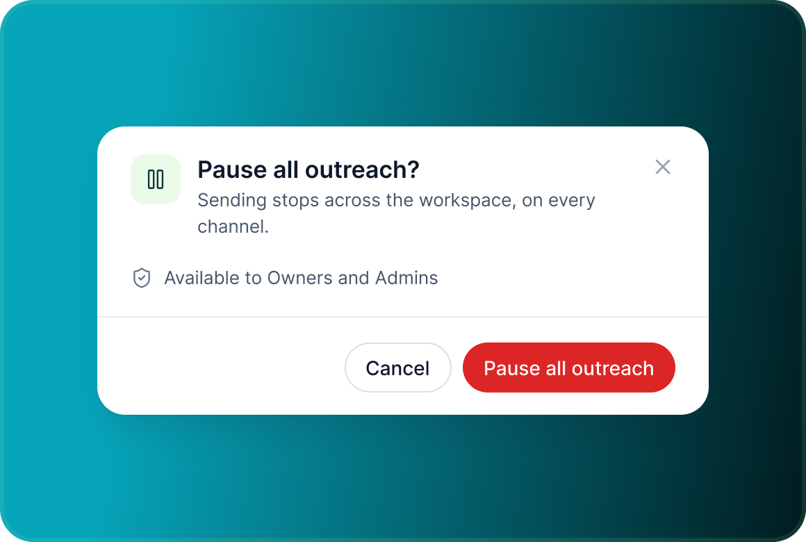 A Pause all outreach confirmation, available to Owners and Admins, with Cancel and Pause all outreach buttons