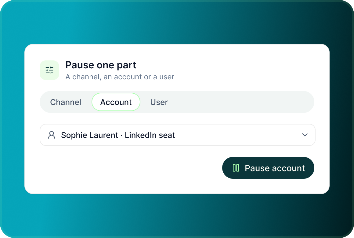 Pause one part: a channel, an account or a user, with Sophie Laurent’s LinkedIn seat selected and a Pause account button
