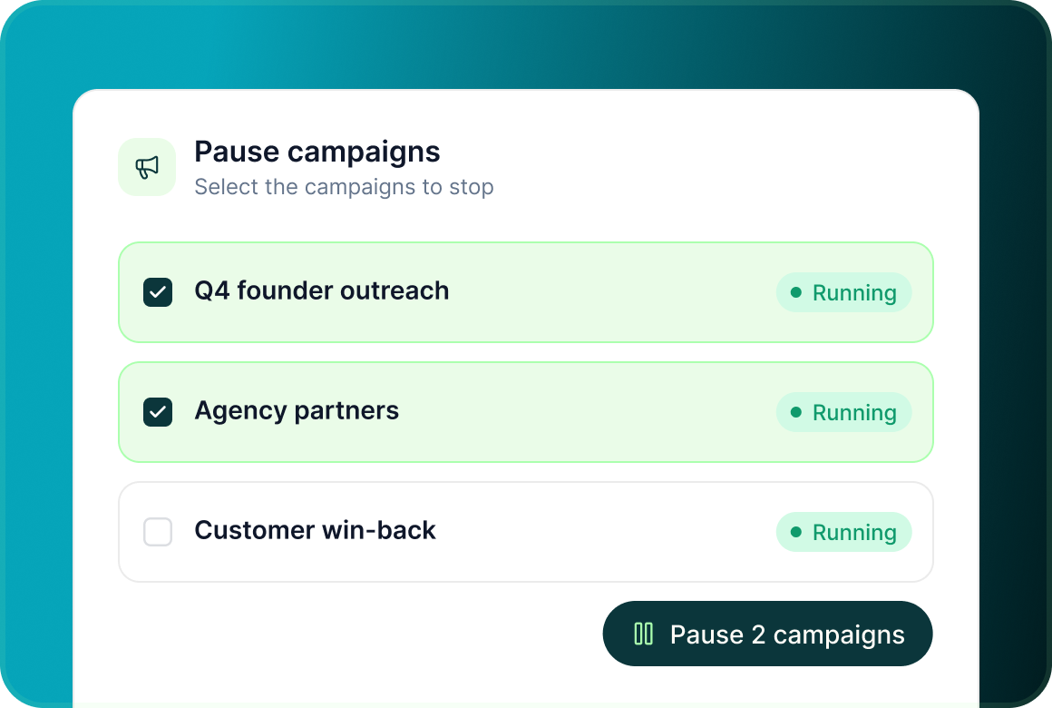 Pause campaigns: Q4 founder outreach and Agency partners selected, with a Pause 2 campaigns button