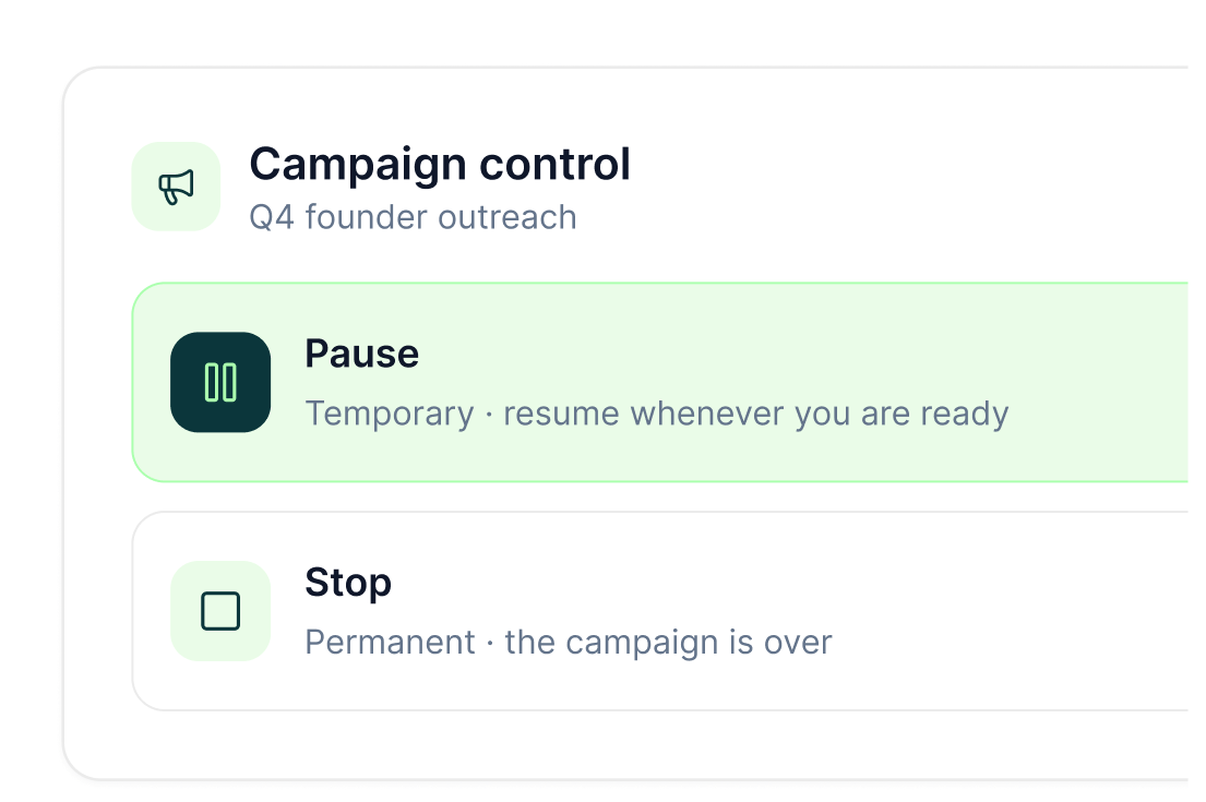 Campaign control for Q4 founder outreach with Pause, a temporary action you can resume, and Stop, which ends the campaign