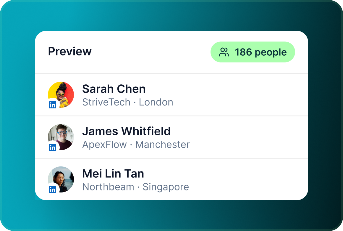 Preview showing matched prospects with name, company and location before anything is queued