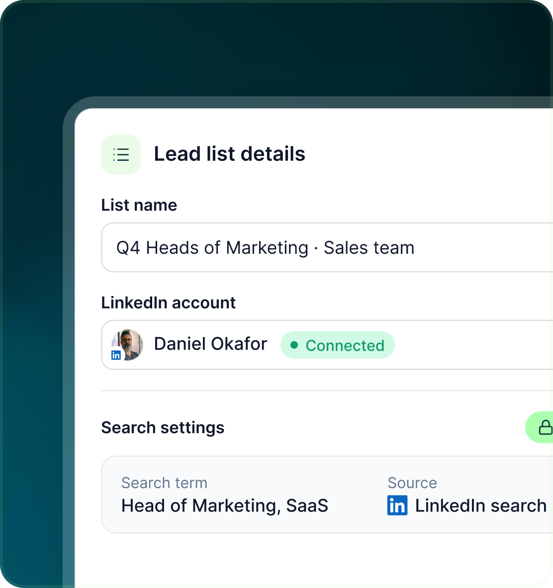 Lead list details panel showing the list name, connected LinkedIn account and read-only search settings