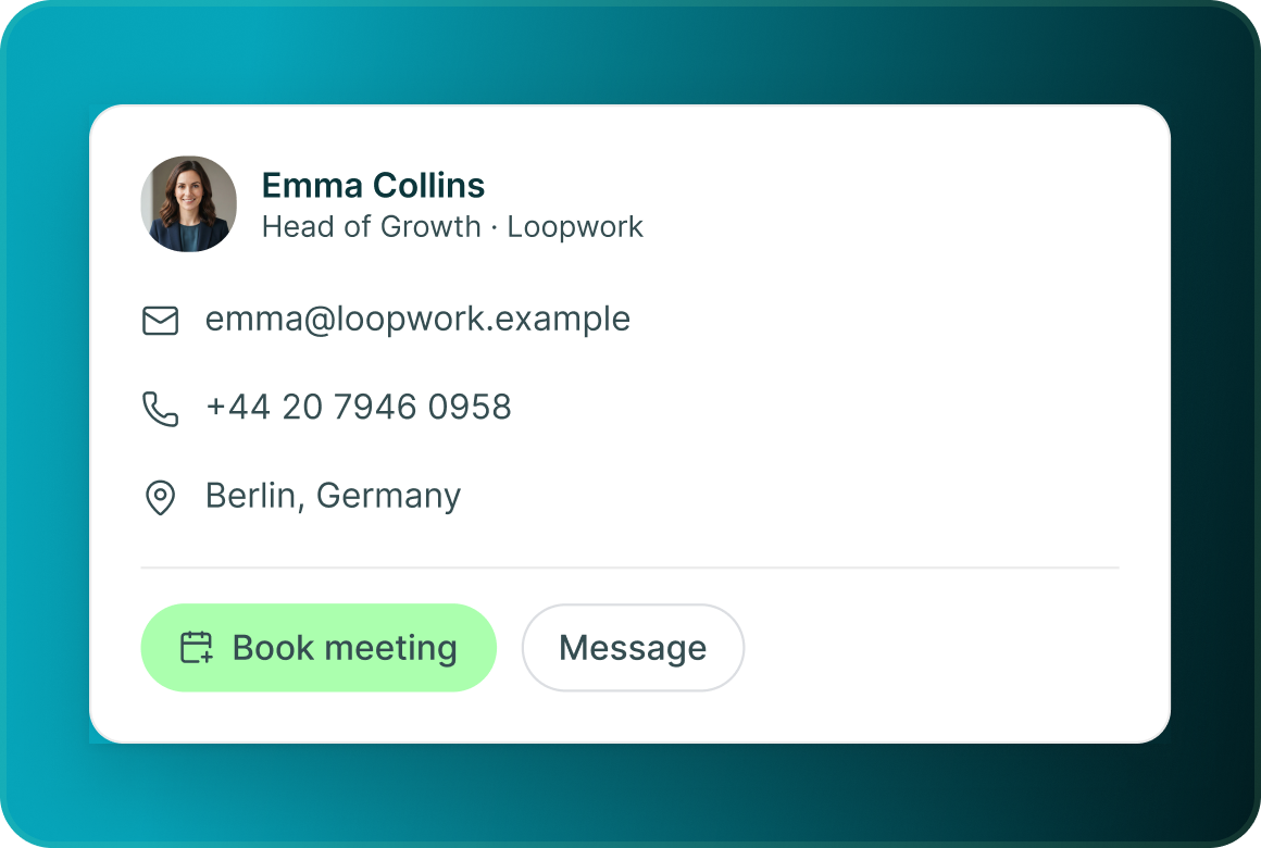 A prospect card for Emma Collins with email, phone and location and Book meeting and Message buttons
