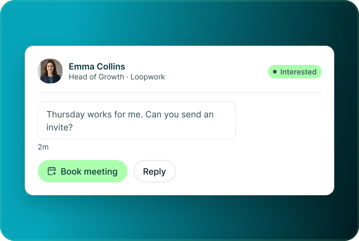 An Interested conversation with Emma Collins and a Book meeting button beside Reply