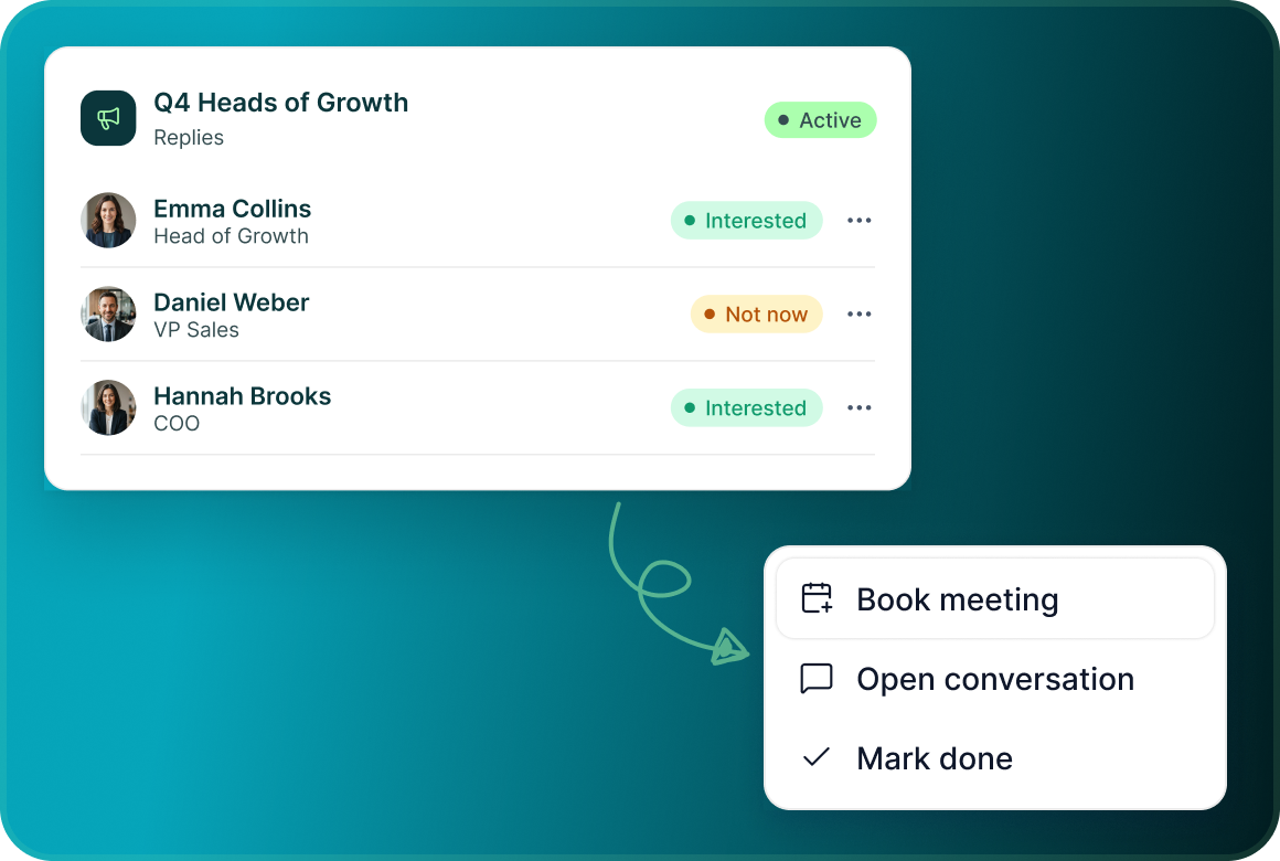 A Q4 Heads of Growth replies list with a menu offering Book meeting, Open conversation and Mark done