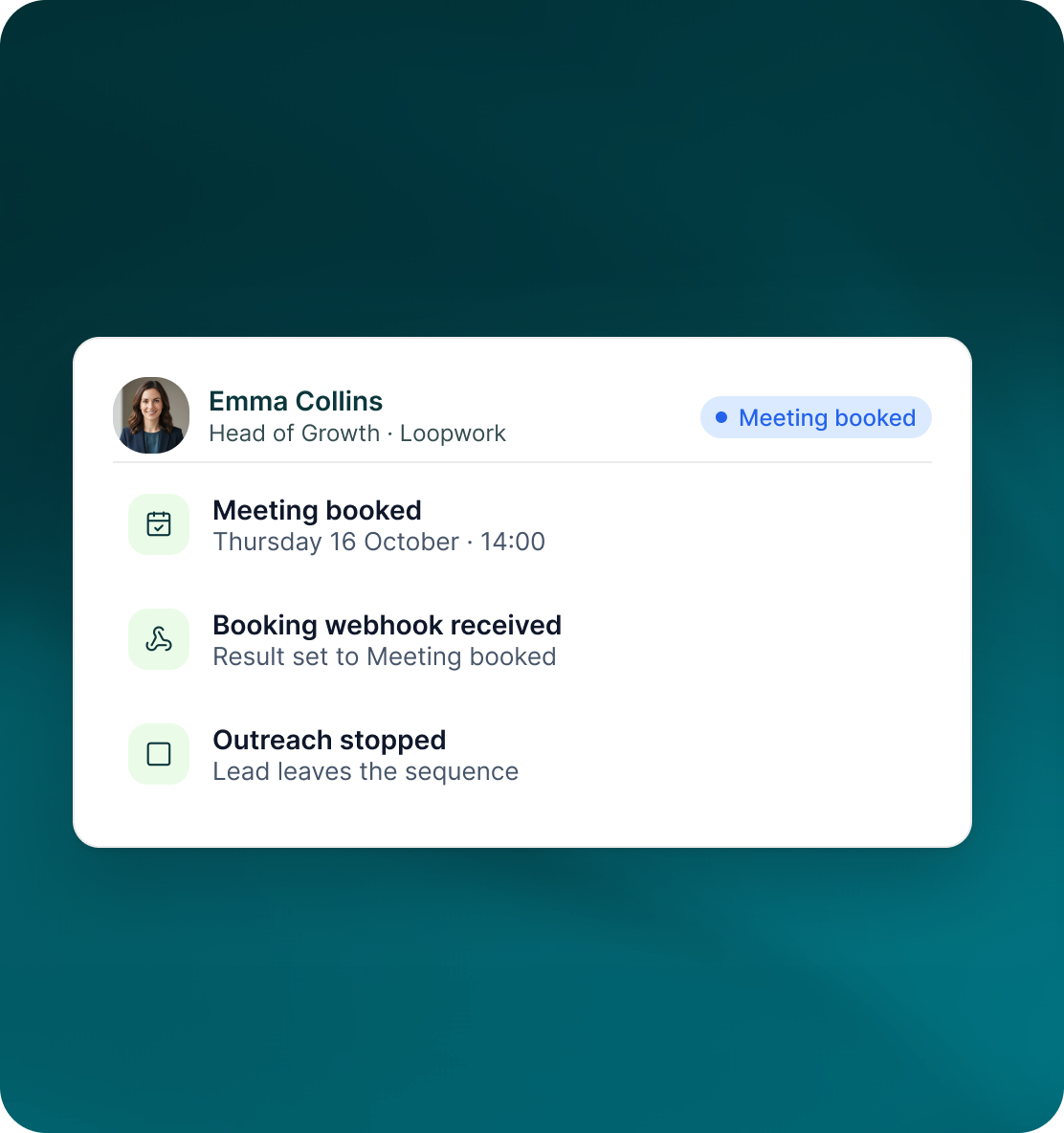 Emma Collins marked Meeting booked, with a booking webhook received, the result set to Meeting booked and outreach stopped