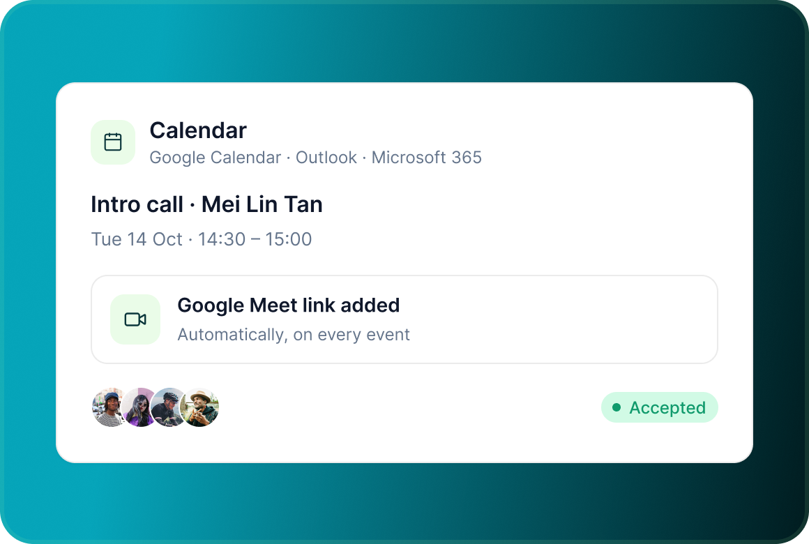 A Calendar entry for an Intro call with Mei Lin Tan with a Google Meet link added automatically and the attendee accepted