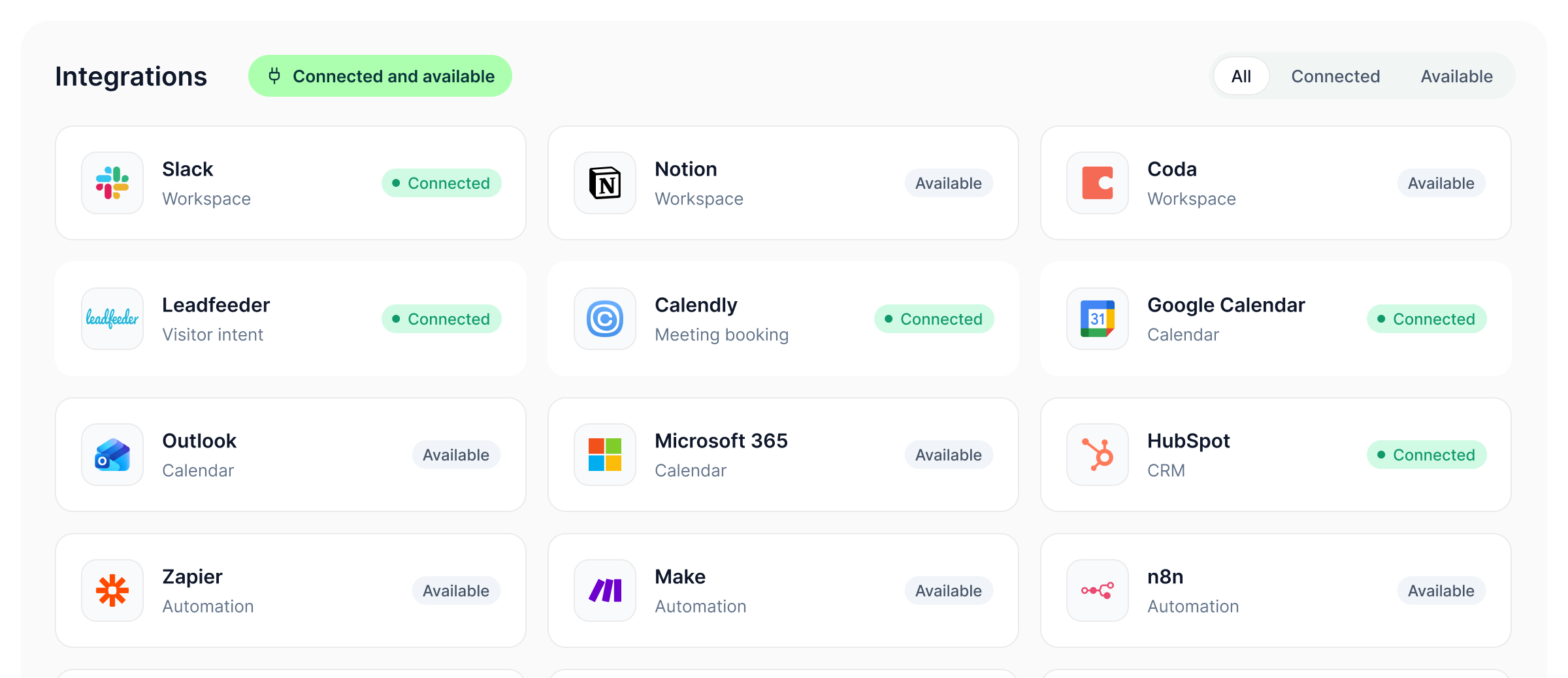 Integrations page listing Slack, Notion, Coda, Leadfeeder, Calendly, Google Calendar, Outlook, Microsoft 365, HubSpot, Zapier, Make, n8n, Zoho CRM, Webhook and Apollo as connected or available
