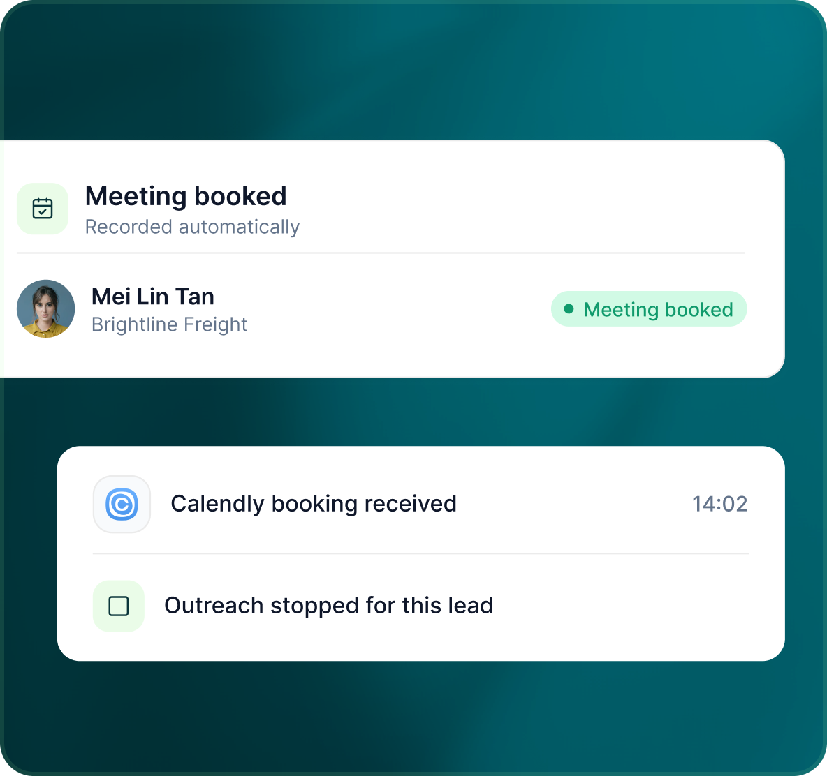 Mei Lin Tan marked Meeting booked after a Calendly booking was received, with outreach stopped for the lead