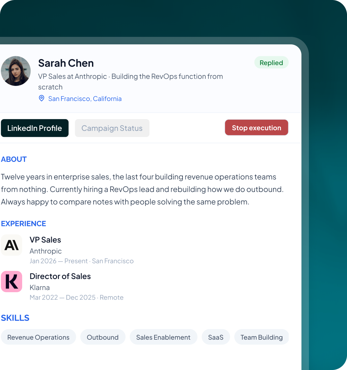 Lead drawer panel for Sarah Chen, VP Sales at Anthropic, showing her profile, experience and skills