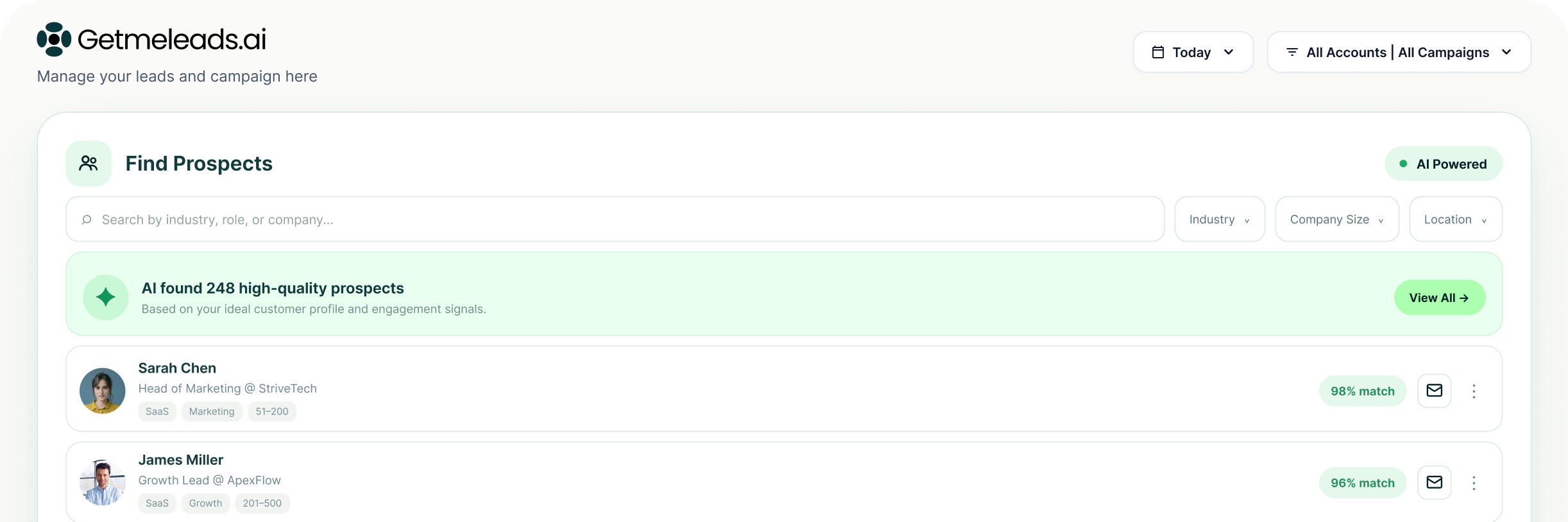 Find Prospects panel showing AI-matched prospects ranked by match percentage, with search and filter controls
