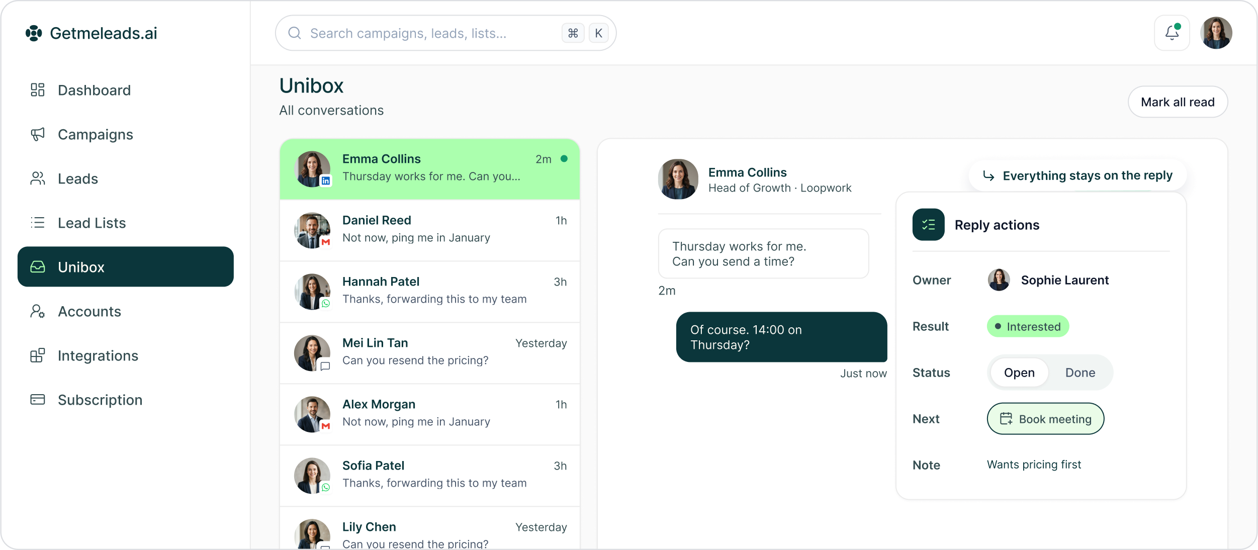 Unibox with a list of conversations and an open thread with Emma Collins showing reply actions for owner, result, status and next step