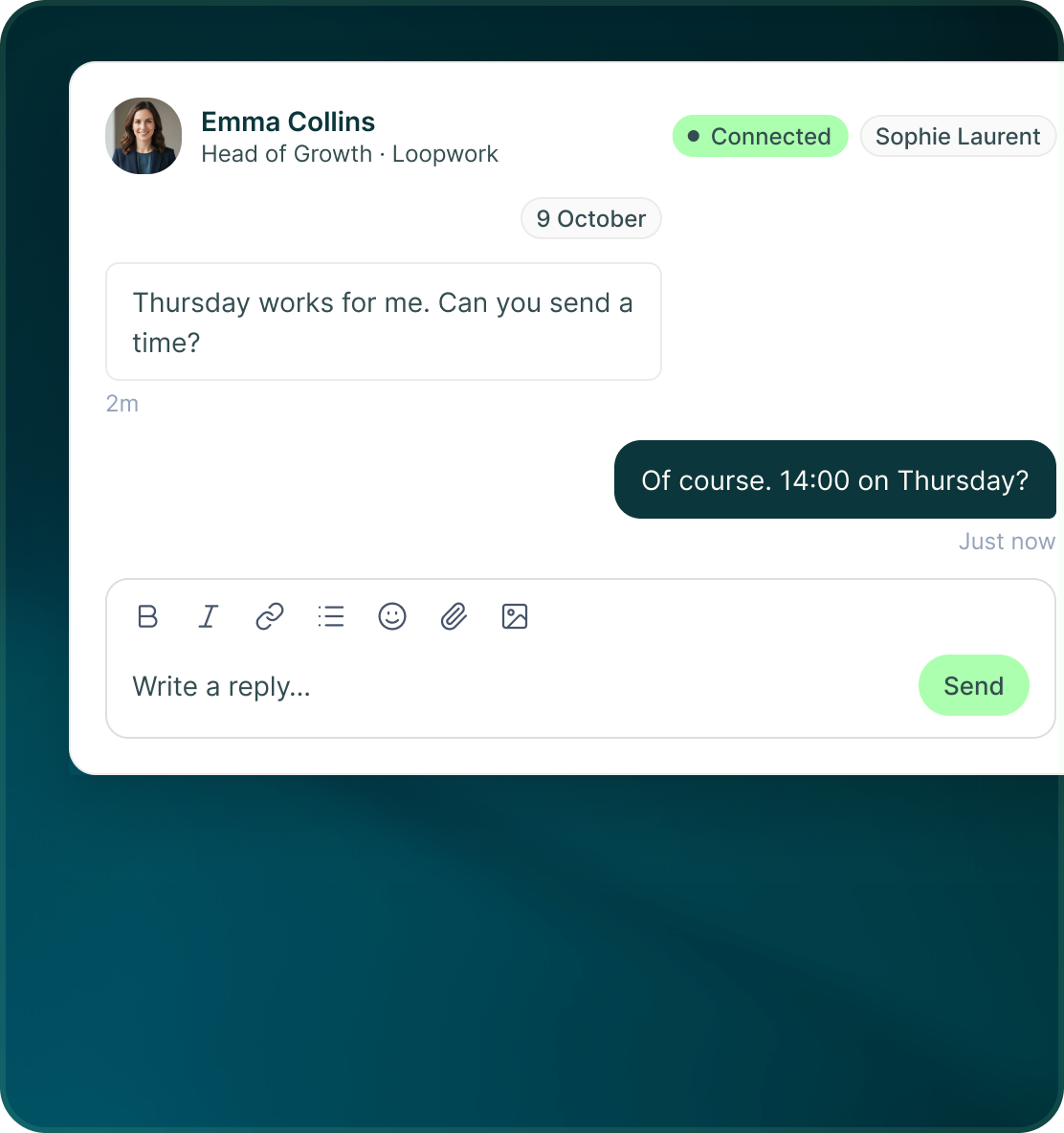 A conversation with Emma Collins showing messages grouped by date and a composer with formatting tools, a Write a reply box and a Send button