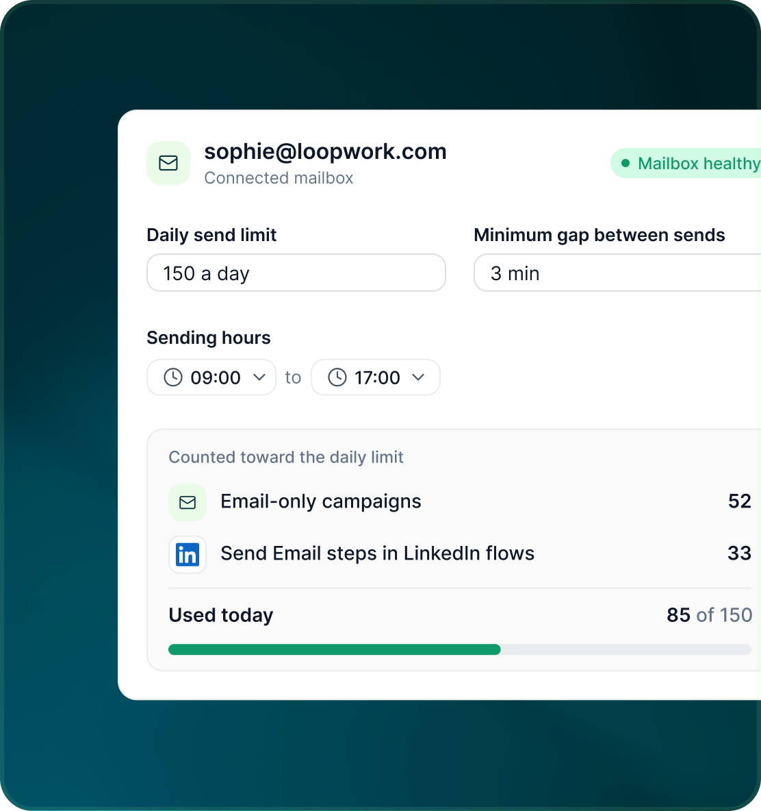 A connected mailbox with a daily send limit, minimum gap between sends, sending hours and a count of email-only campaigns and Send Email steps toward the daily limit