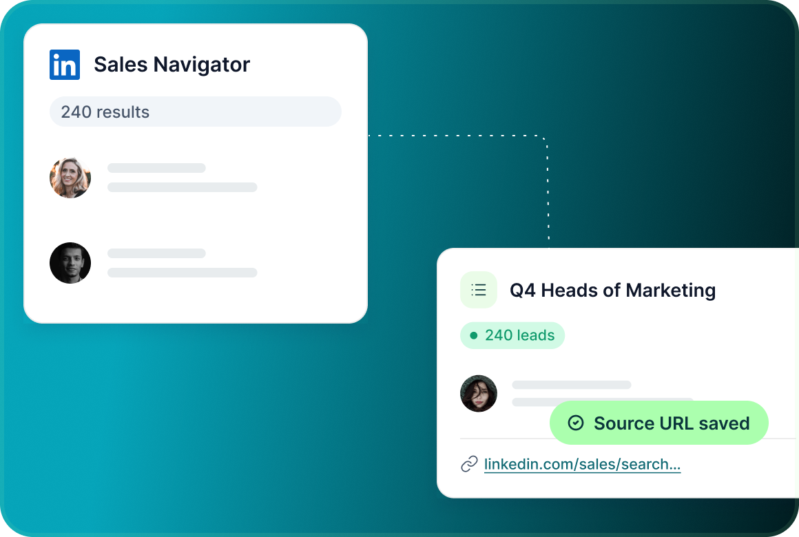 A Sales Navigator search imported as the source for a new list, with 240 results and the source URL saved