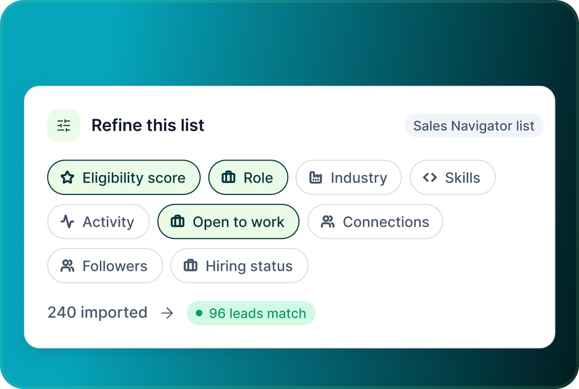 Advanced filters applied to a Sales Navigator list before publishing, including eligibility score and role