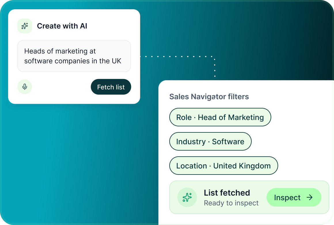 Create with AI turning a typed request into Sales Navigator filter values and fetching a list