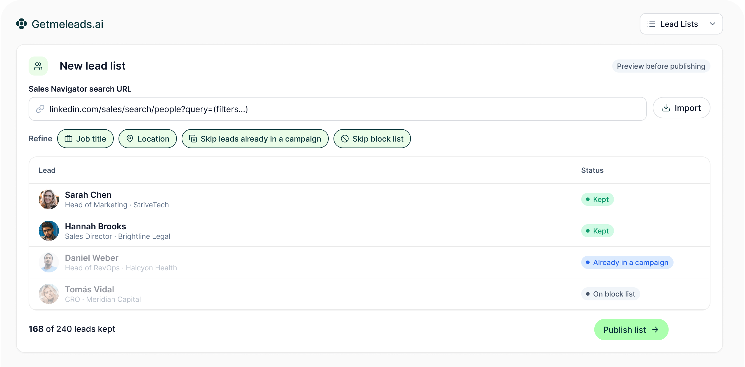 New lead list panel showing a Sales Navigator search URL imported, refine filters and a table of leads with kept, already-in-a-campaign and block-list statuses