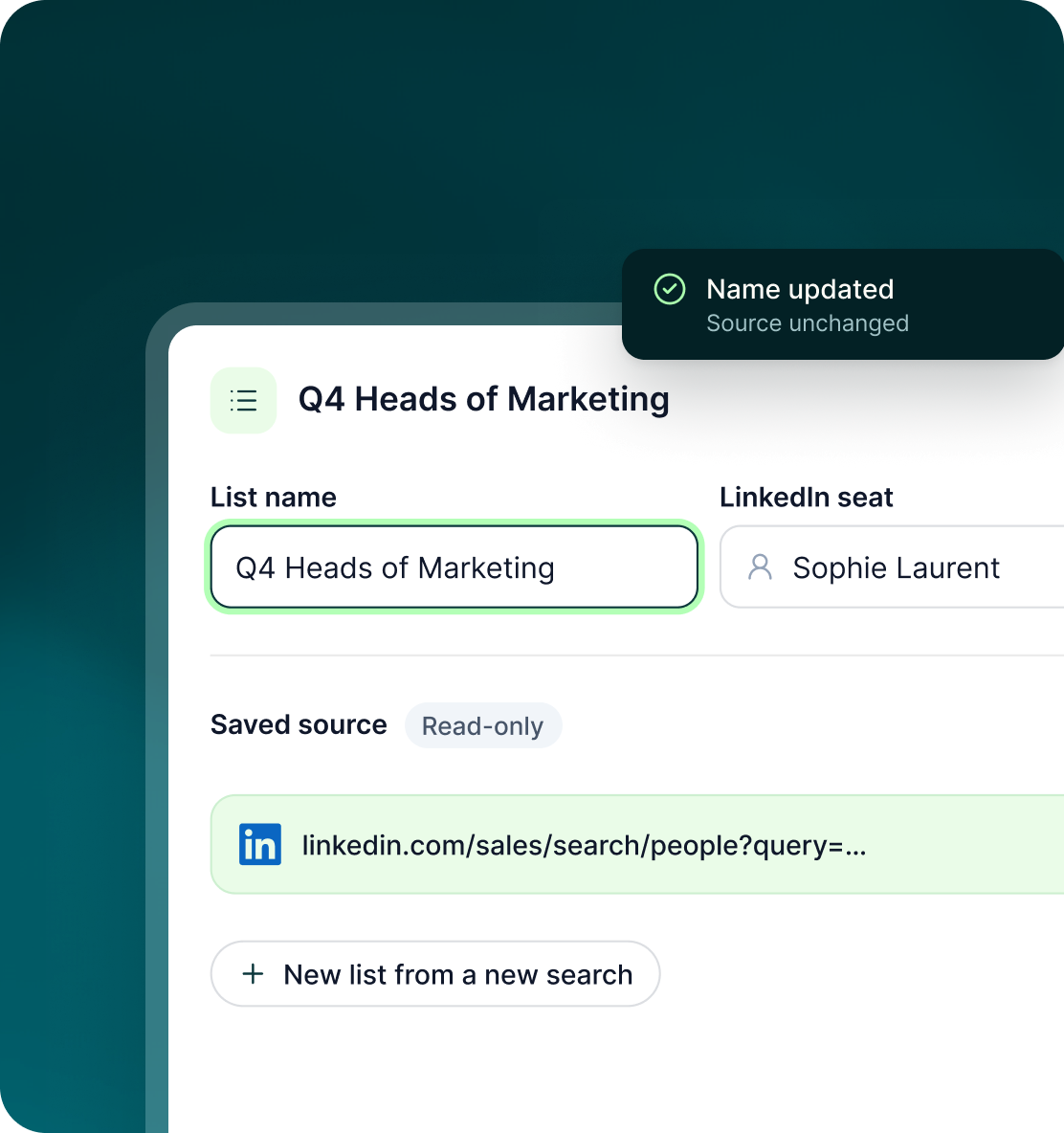 Saved list details showing the list name, LinkedIn seat and a read-only saved Sales Navigator source